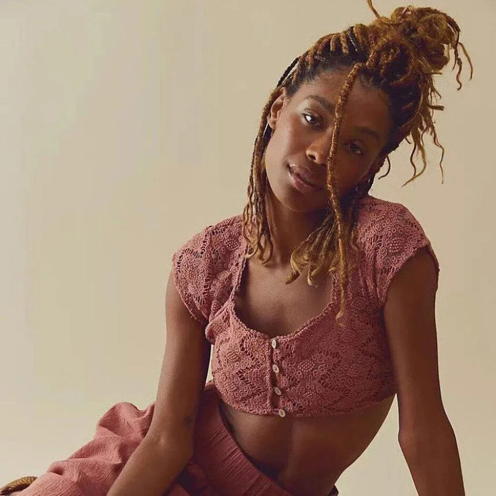 Free People Endless Summer Epic Sunset Cropped Top Crochet Lace Smocke XS